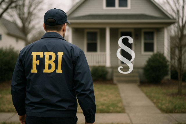 FBI agent approaching a suburban home under legal oversight