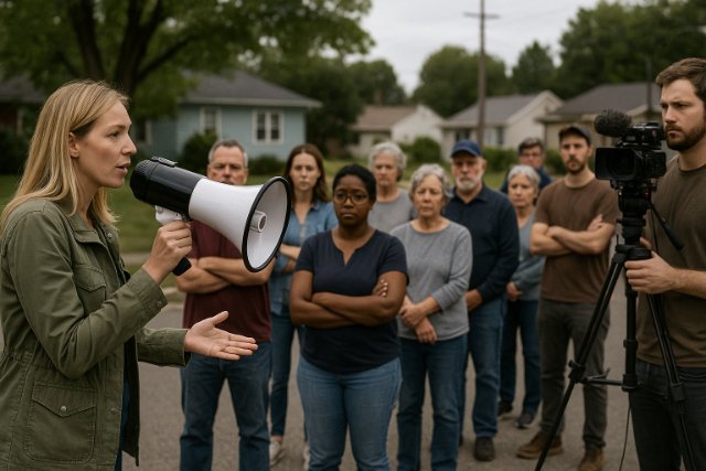 Community meeting with local residents and media recording.