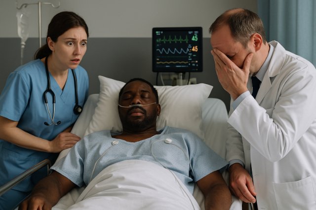 Unconscious patient in hospital bed with distressed doctor and nurse