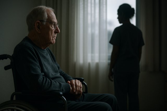 Elderly person in a wheelchair with caregiver in nursing home