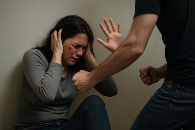 Woman protecting herself from physical assault in a domestic setting.