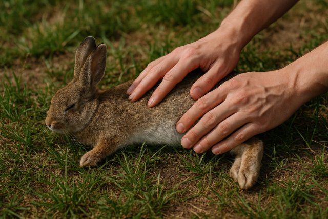 Person checking if a brown bunny is injured on grass.