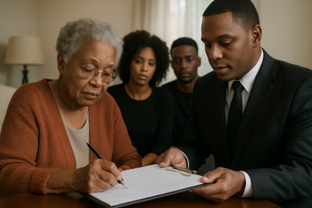 Elderly woman signing obituary paperwork with funeral director and family nearby.