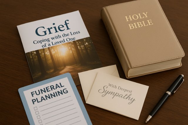 Grief support materials including a booklet, Bible, sympathy card, and funeral planning guide.