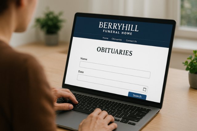 Searching obituaries on Berryhill Funeral Home website using a laptop
