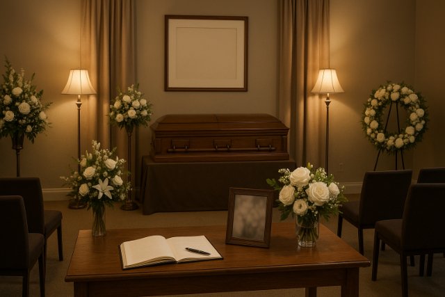 Funeral home interior with flowers and a peaceful memorial setup.
