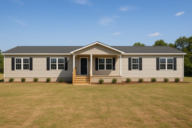Triple wide manufactured home with central porch and grassy front yard.
