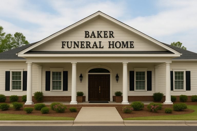 Front view of Baker Funeral Home building with columns and landscaped garden