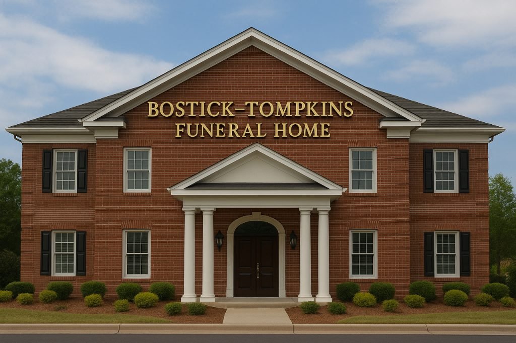 Brick facade of Bostick Tompkins Funeral Home with columns and landscaping