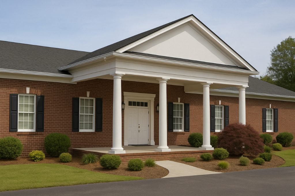 Henryhand Funeral Home exterior with columns and landscaped lawn