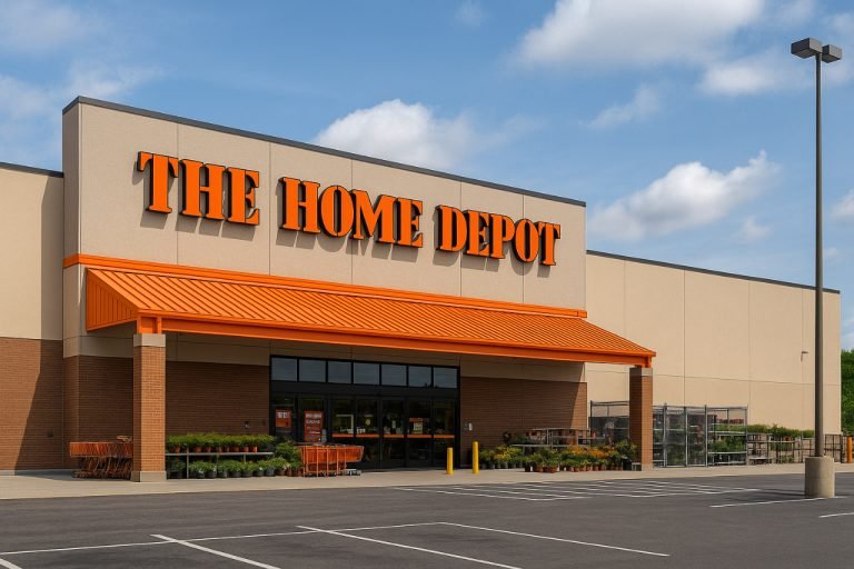 Home Depot store exterior with parking lot and garden section