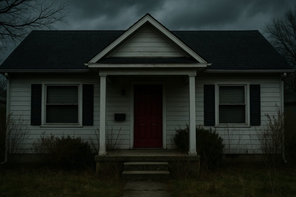 Home Is Where the Bodies Are: Review of Jeneva Rose’s Novel Dark suburban house with red door under stormy skies.