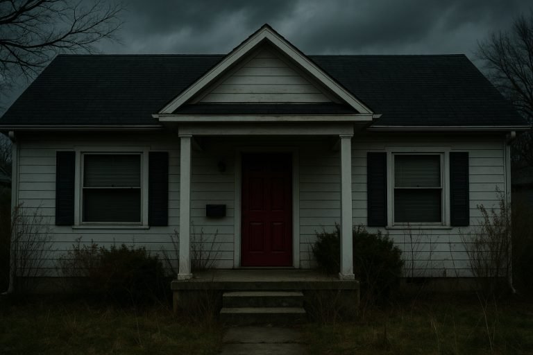 Home Is Where the Bodies Are: Review of Jeneva Rose’s Novel Dark suburban house with red door under stormy skies.