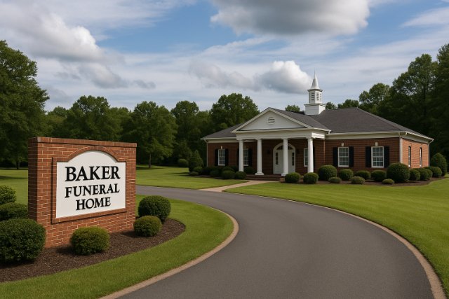 Exterior view of Baker Funeral Home with sign and landscaped lawn.