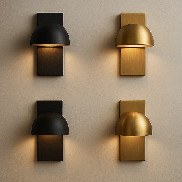 Modern black and brass downlight sconces on a neutral wall.