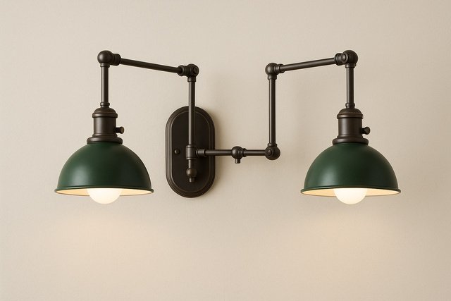 Vintage swing-arm sconces with green dome shades on a wall