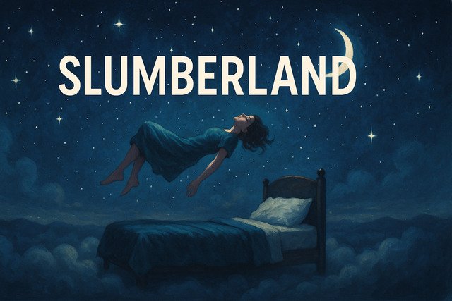 Surreal dreamscape with floating sleeper and stars, representing Slumberland.