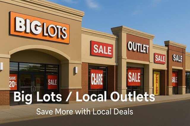 Big Lots and local outlet stores with sale signs and discounts