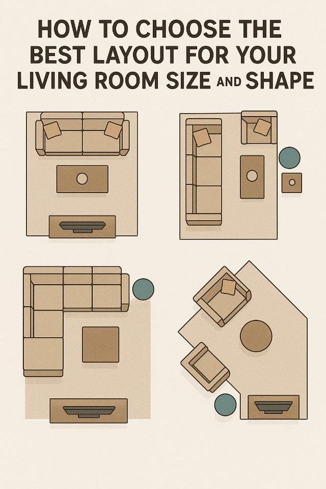 Illustrated guide of four living room layout options for different room shapes and sizes.