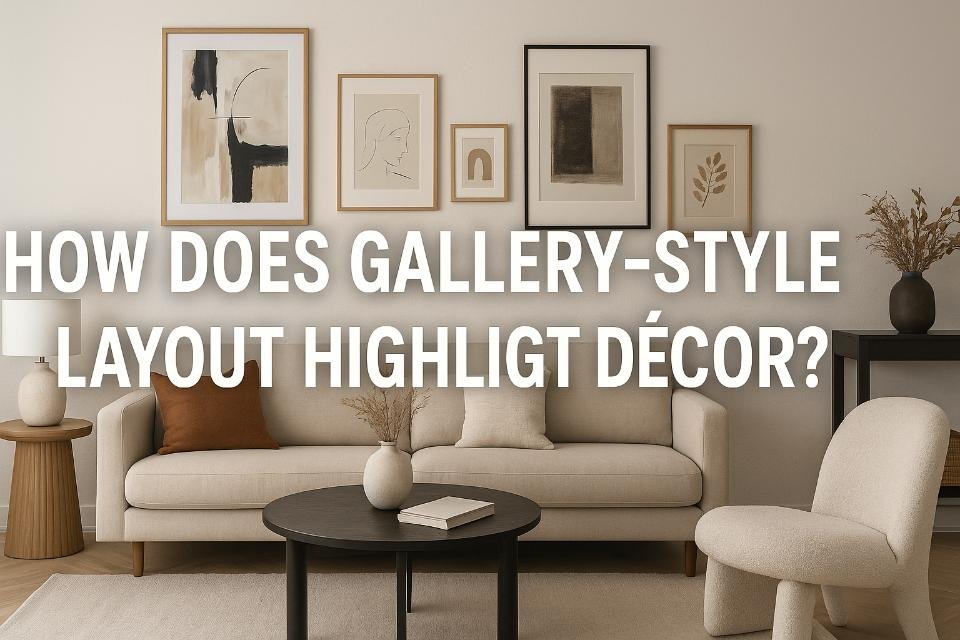 Gallery-style layout highlighting home décor with wall art and furniture.