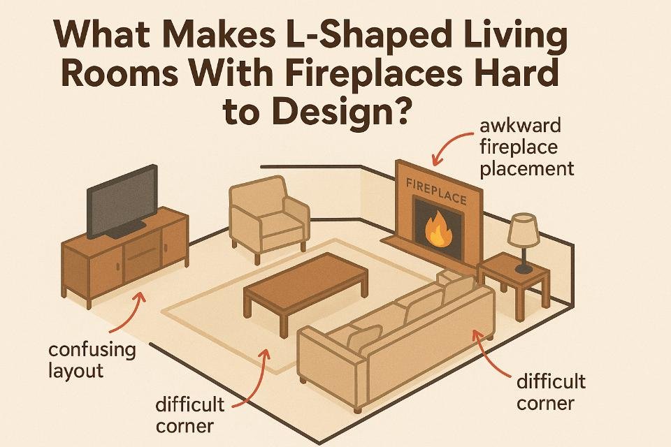 L-shaped living room with fireplace showing confusing layout and design issues.