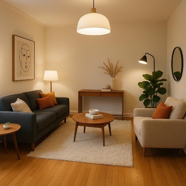 Cozy modern living room with warm lighting and smart accessory placement.