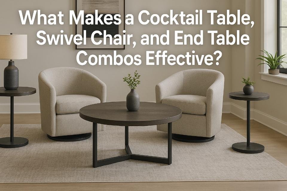 Modern living room with cocktail table, swivel chairs, and matching end tables.