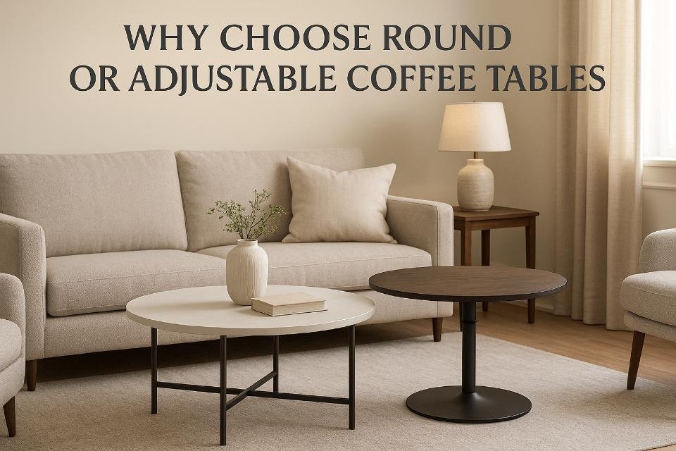Round and adjustable coffee tables in a cozy, modern living room.