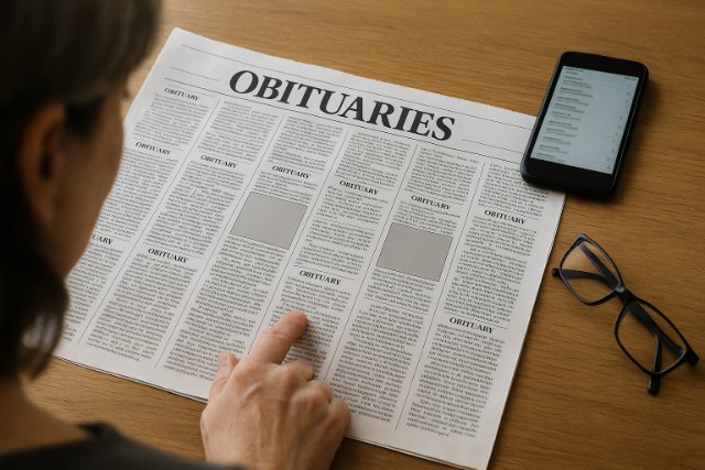 Person reading newspaper obituary listings with smartphone and glasses on table.