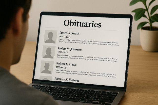 Laptop showing online obituary listings being viewed by a person.