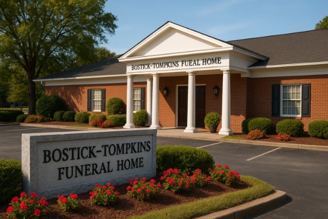 Bostick-Tompkins Funeral Home building with sign and flowers in front.