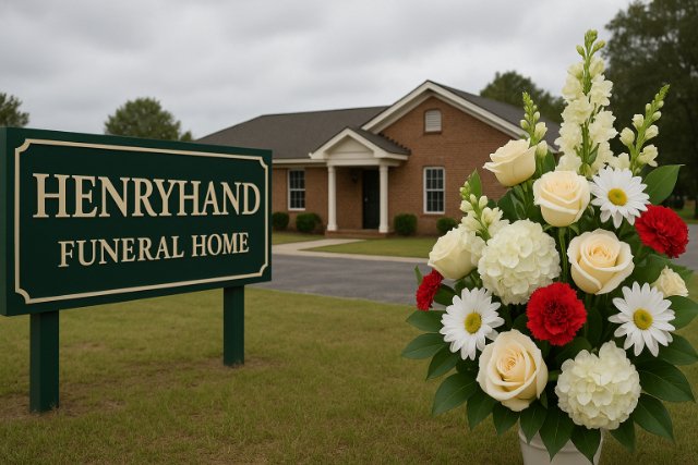 Floral arrangement in front of Henryhand Funeral Home.