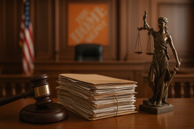 Courtroom with gavel and legal files symbolizing Home Depot class action cases.