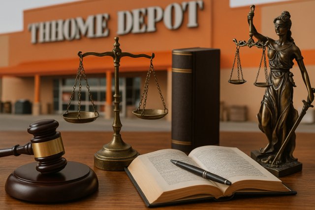 Legal symbols in front of a Home Depot store representing legal strategies.
