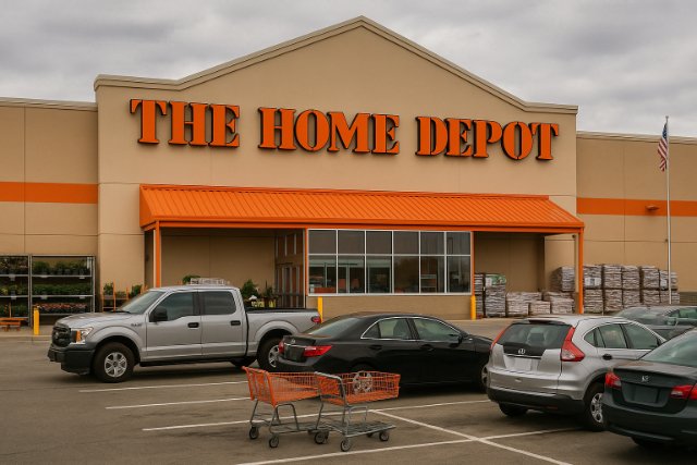 Home Depot storefront with parked cars and outdoor supplies.