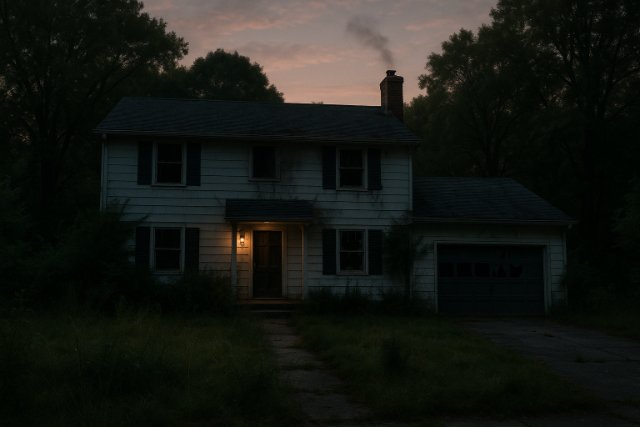 Haunted suburban house at sunset with broken windows and eerie atmosphere.