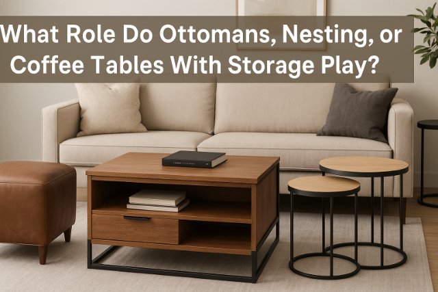 Ottoman, nesting tables, and coffee table with storage in a stylish living room
