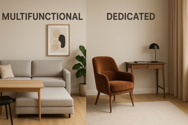Multifunctional vs. dedicated furniture in modern room setup.
