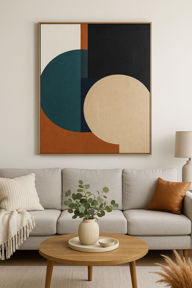Abstract geometric art in modern living room above grey sofa