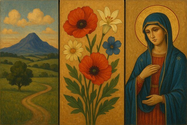 Traditional triptych with landscape, floral bouquet, and Virgin Mary painting.
