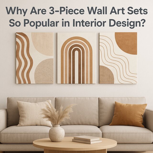 Modern living room with a 3-piece abstract wall art set above a sofa