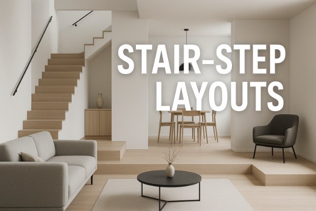Modern interior with stair-step layout featuring layered levels and sleek design.