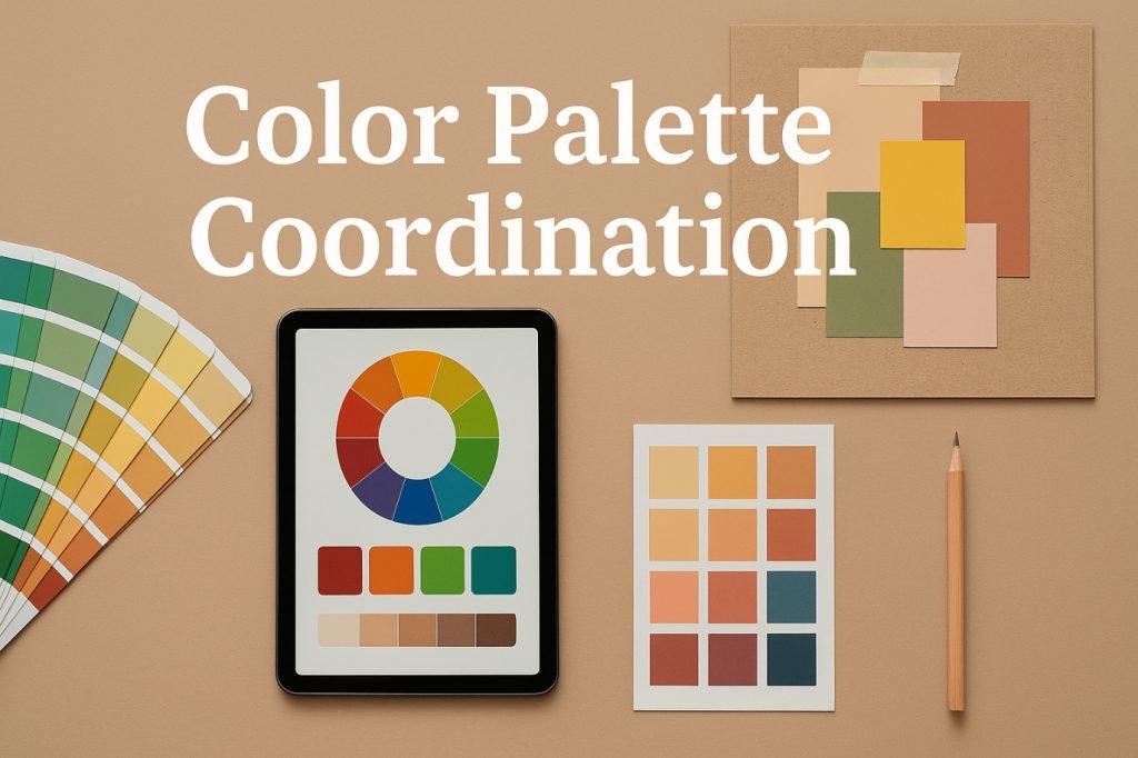 Designer workspace with coordinated color swatches and a digital color wheel.