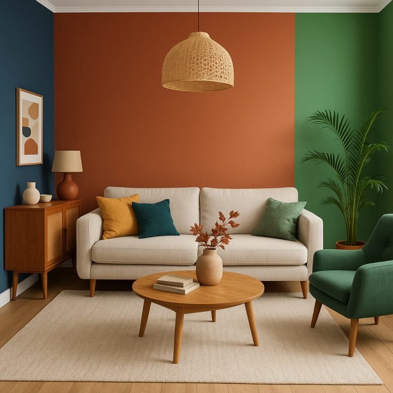 Colorful living room with blue, terracotta, and green painted walls and cozy furniture