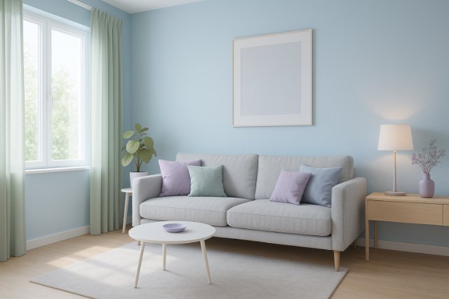 Small room with cool-toned bright colors and minimal decor