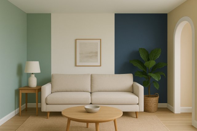 Living room with 2025's trending paint colors on the walls.