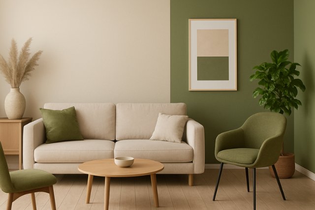 Living room with beige and olive green color scheme