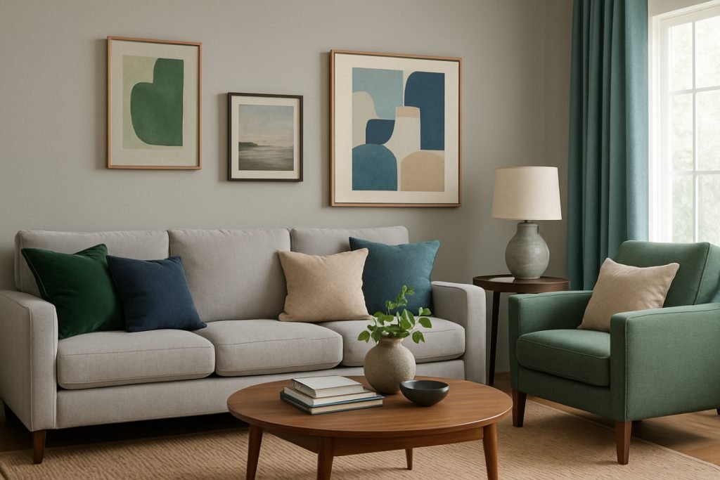 Balanced Living Room Color Ideas Using Grey, Green, Beige and Blue Tones Living room with grey sofa, green chair, and beige-blue accents.