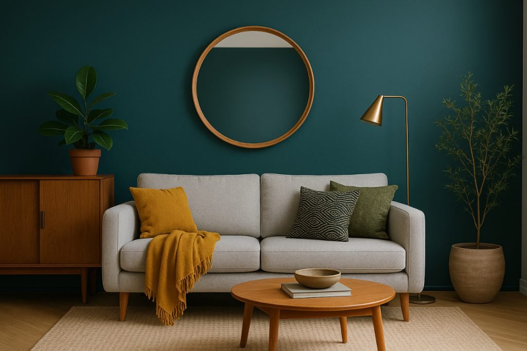 Modern living room with teal accent wall and stylish decor