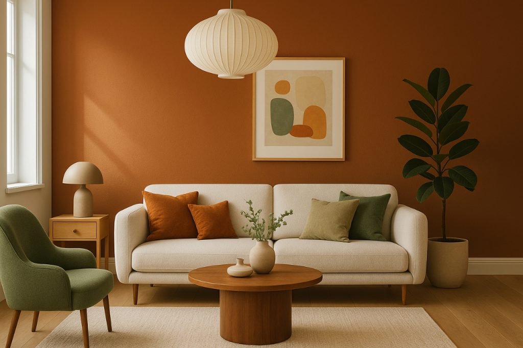 Modern living room with burnt orange wall and 2025 trending colors